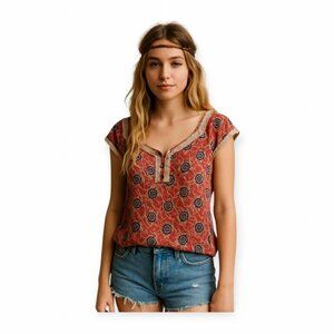 Y2K Bandolino Red Tan Prairiecore Blouse Size 14 Petite Vintage 90s Button Front